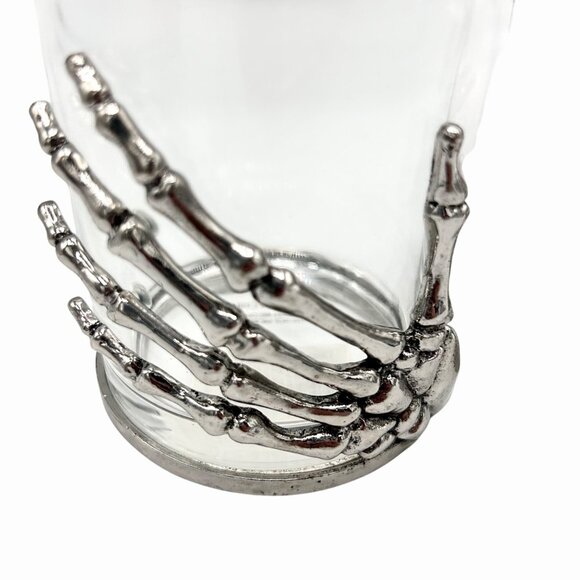 NWT SILVER METAL SKELETON HAND GLASS ROCKS TUMBLER SET HALLOWEEN GOTHIC UNDEAD - Picture 2 of 4